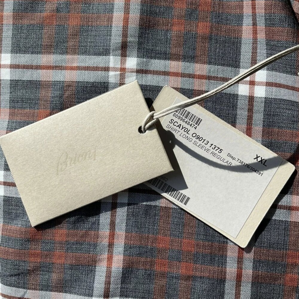 $1295 BRIONI Mens Rustic Brown Gray Check Cotton Long Sleeve Shirt 2XL Italy